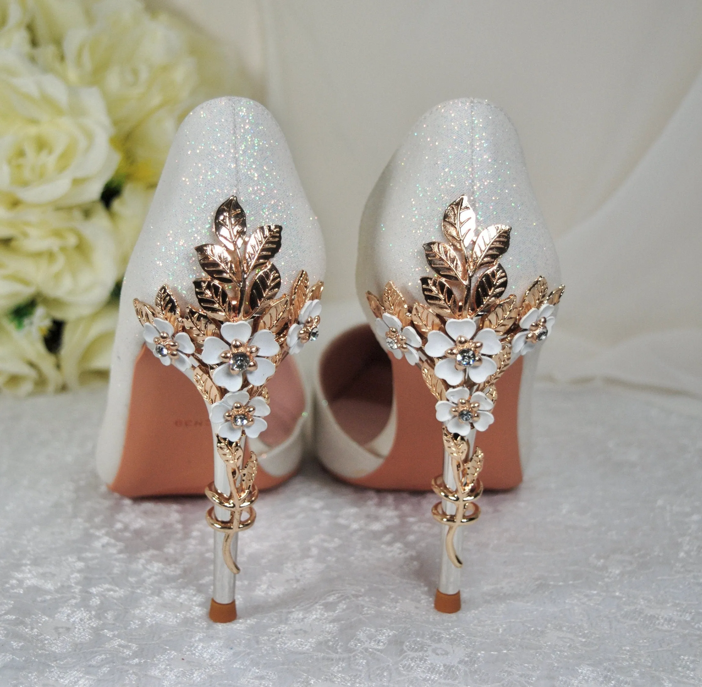 Ivory Shimmer Bridal Shoes with Cherry Blossom