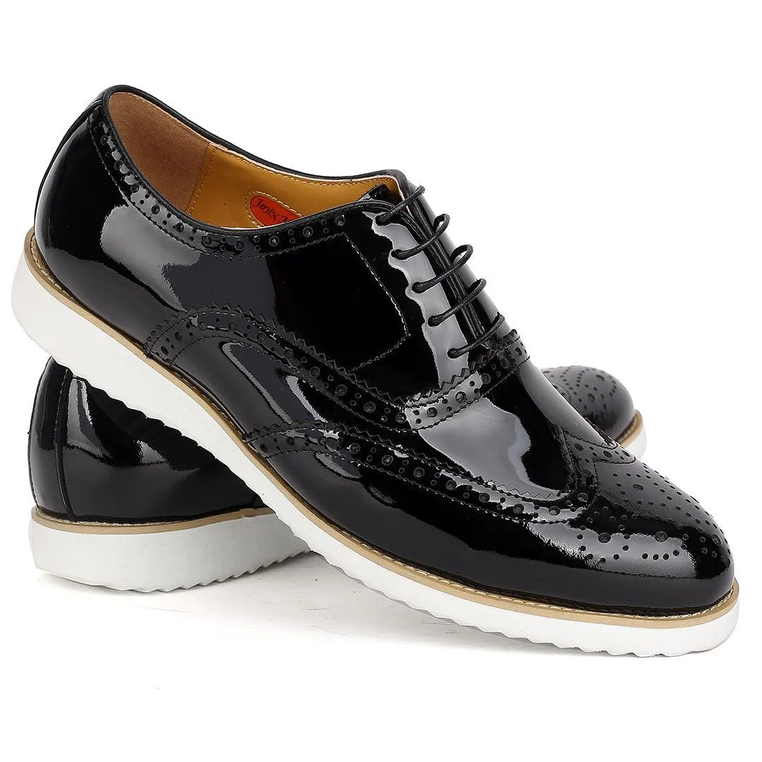 John Mendson Classic Men's Black Glossy Perforated Designed Shoe With Solid White Sole