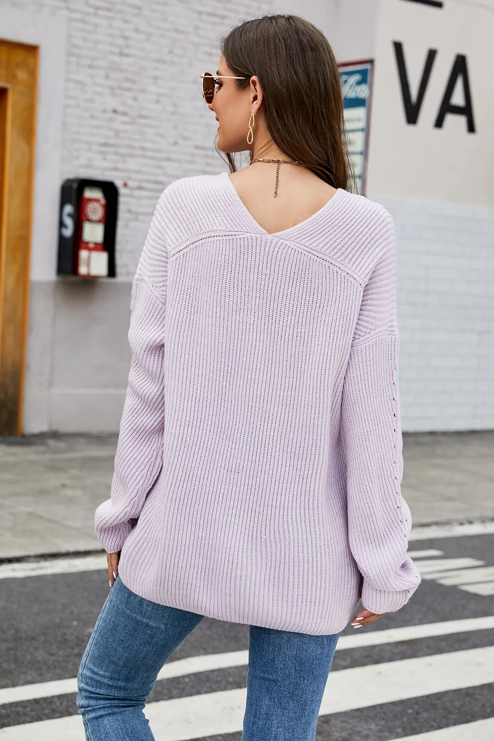 Light Blue V-neck Loose Long-Sleeved Knitted Cardigan