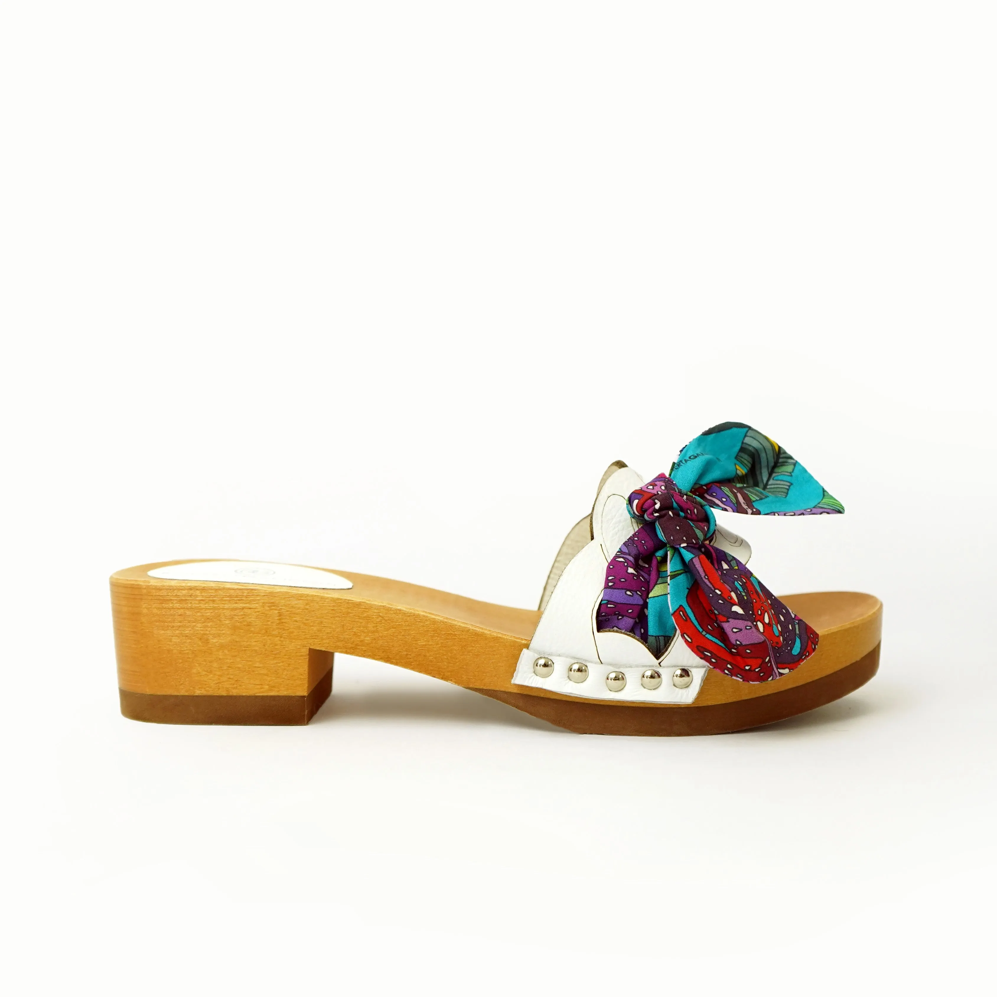 Lola Chain sandali in legno e pelle di vitello con fiocco stampa tropical
