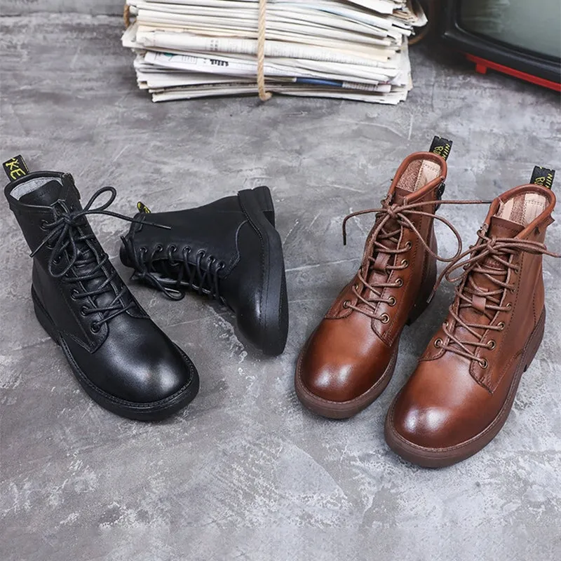 Martin Boots For Women Handmade Lace-Up Round Toe Leather Ankle Booties Platform Boots in Black/Brown