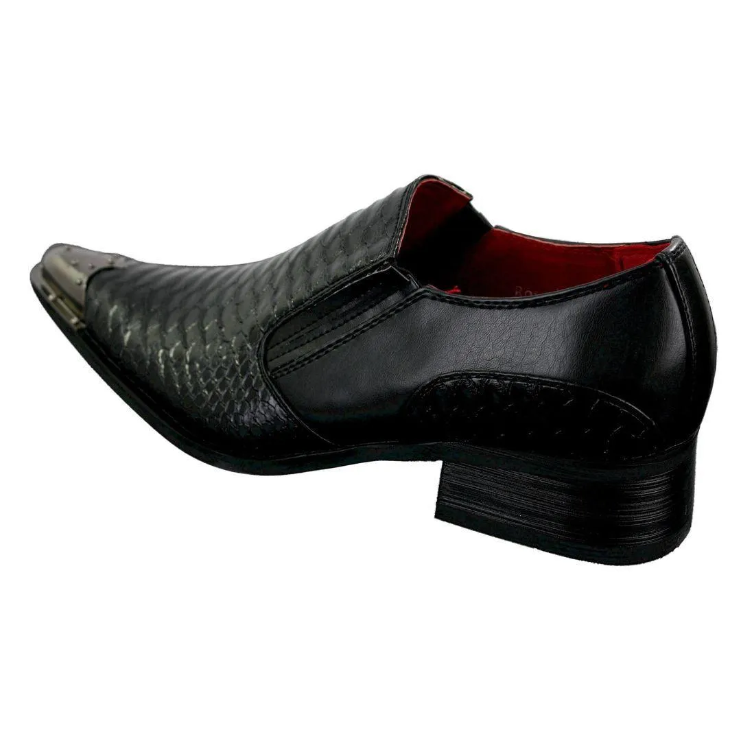 Mens Western Pointed Metal Toe Cowboy Shoes Crocodile Textured Leather Black Brown Grey