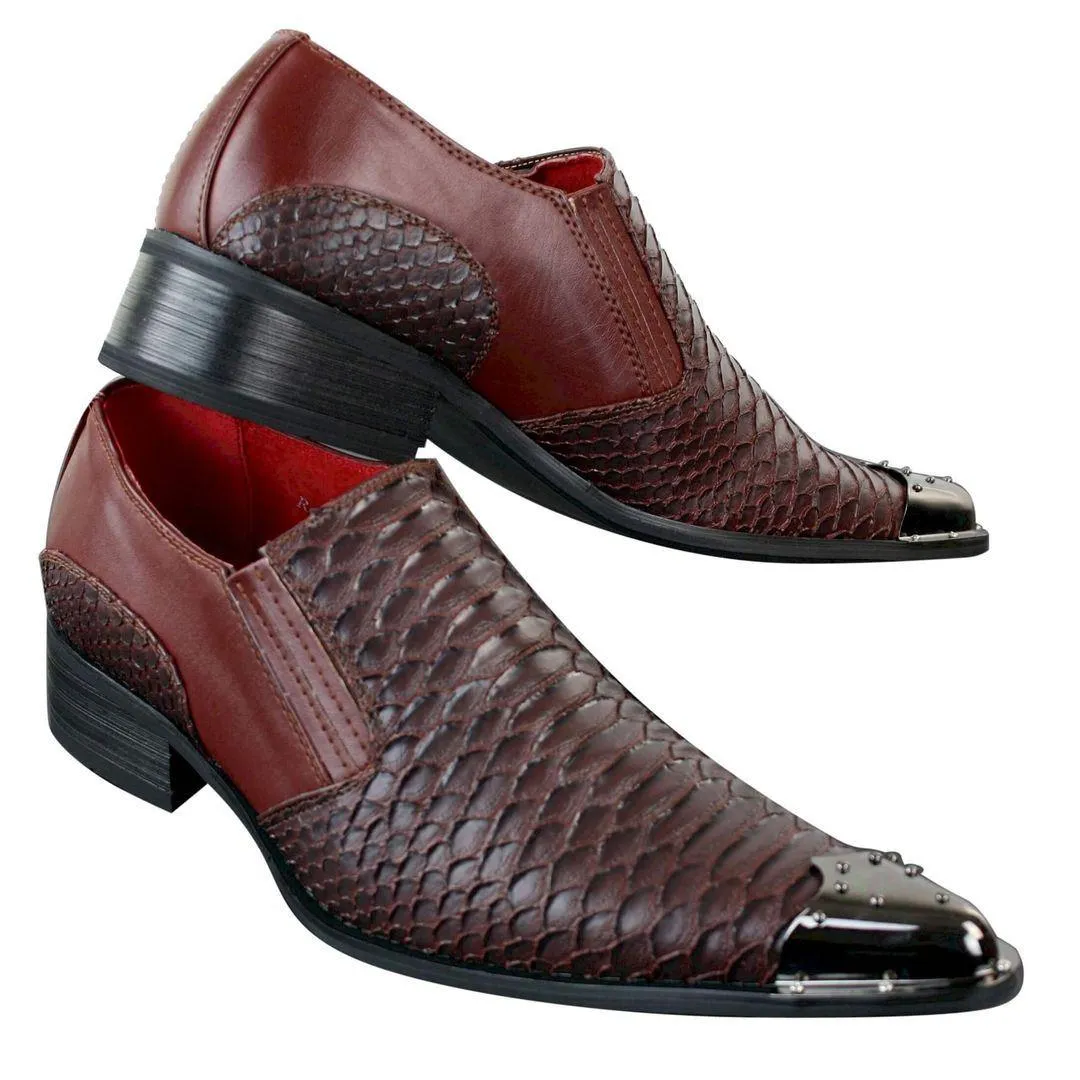 Mens Western Pointed Metal Toe Cowboy Shoes Crocodile Textured Leather Black Brown Grey