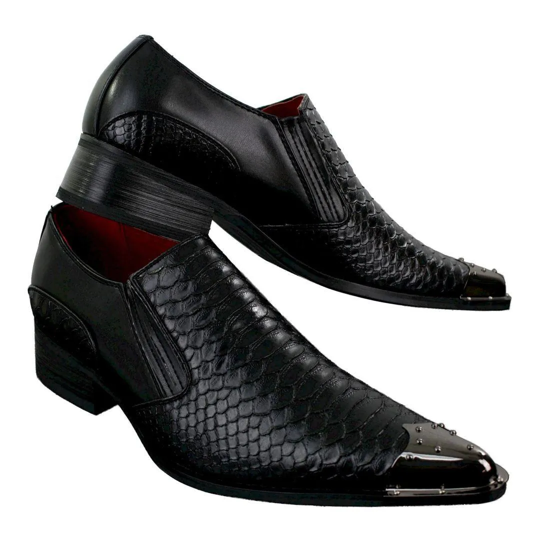 Mens Western Pointed Metal Toe Cowboy Shoes Crocodile Textured Leather Black Brown Grey