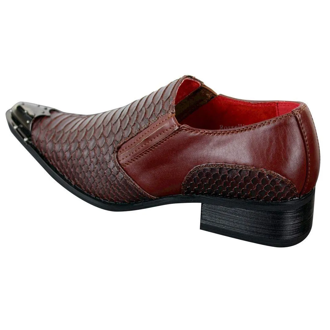 Mens Western Pointed Metal Toe Cowboy Shoes Crocodile Textured Leather Black Brown Grey