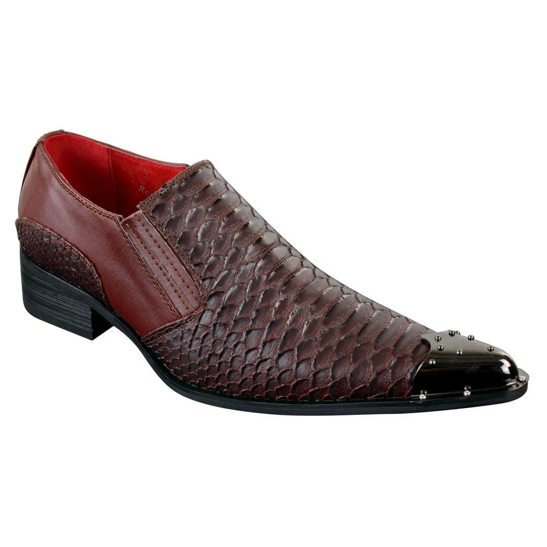 Mens Western Pointed Metal Toe Cowboy Shoes Crocodile Textured Leather Black Brown Grey