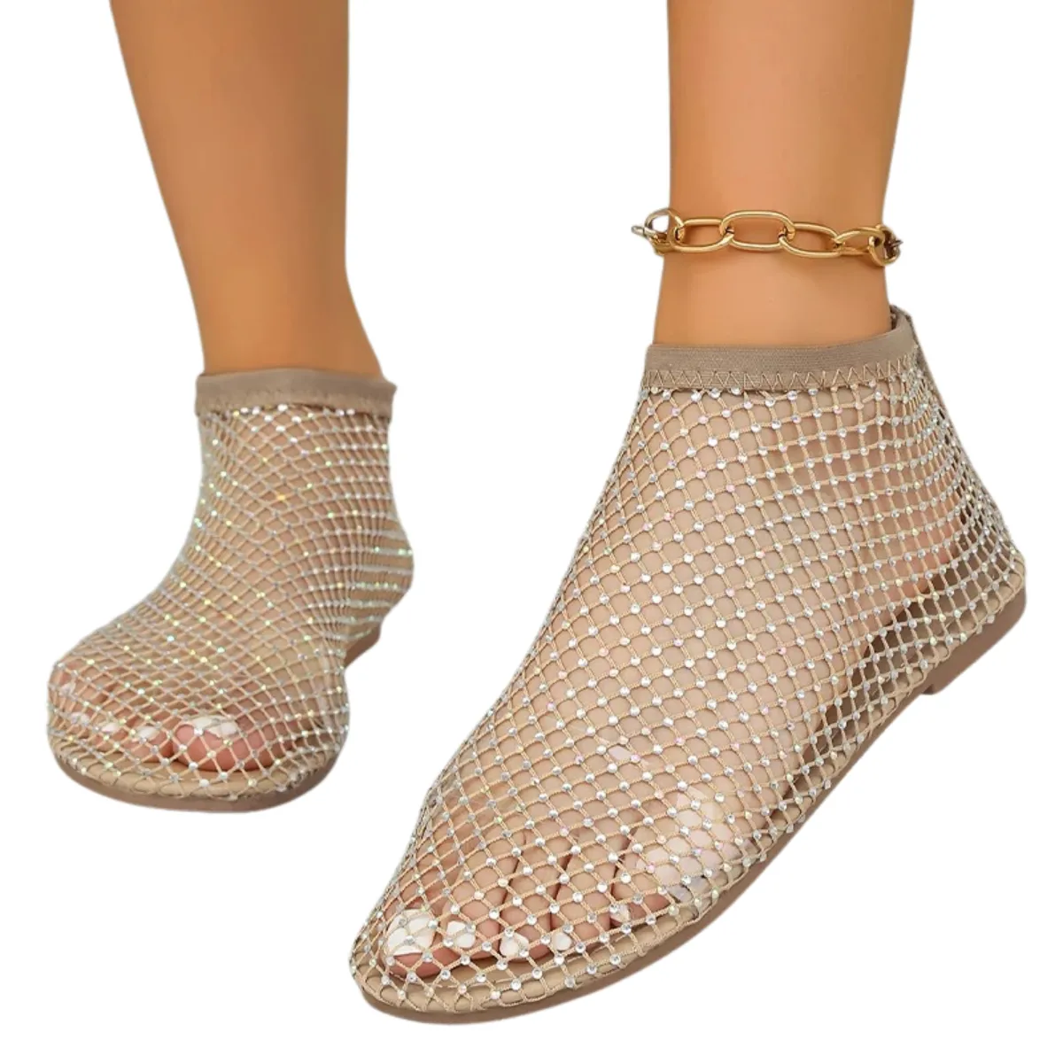 Mesh Flats Round Toe Rhinestone Sandals