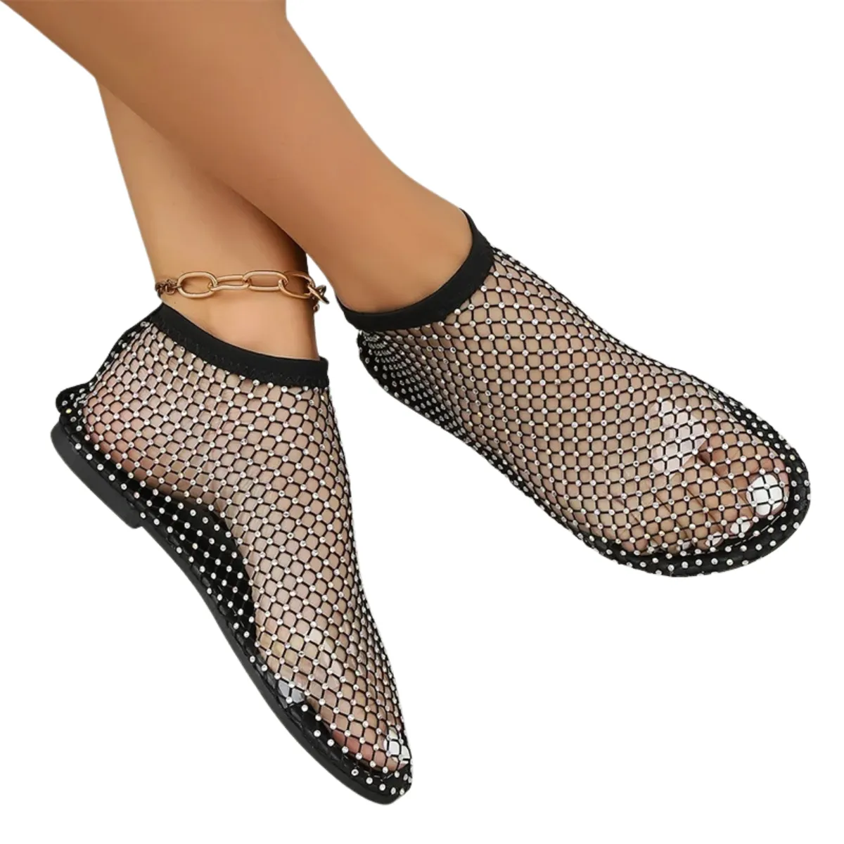 Mesh Flats Round Toe Rhinestone Sandals