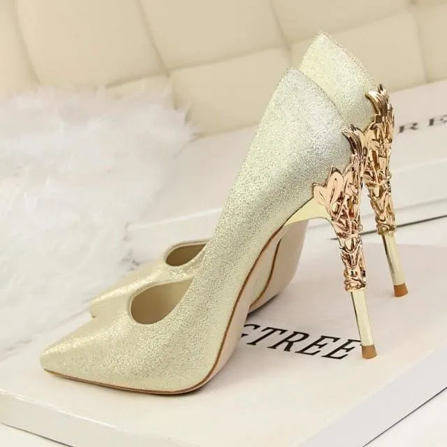 Metal Carved Thin Heel Sexy Pointed Toe Ladies Shoes
