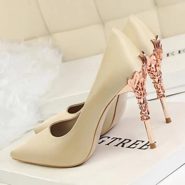 Metal Carved Thin Heel Sexy Pointed Toe Ladies Shoes