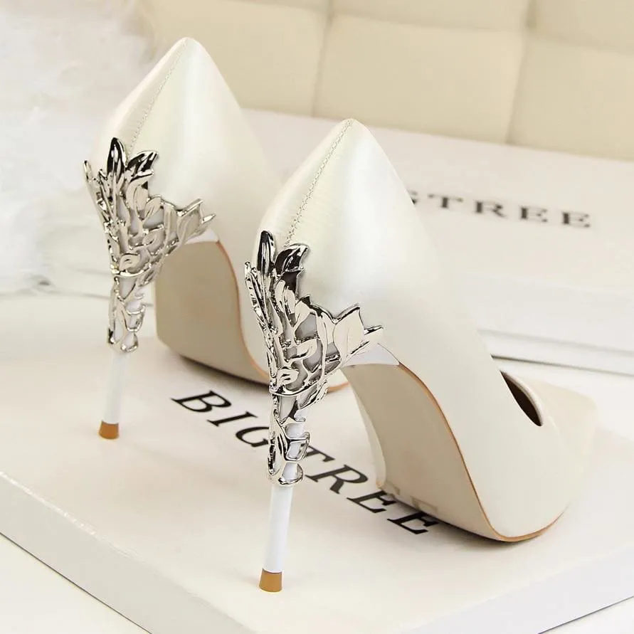 Metal Carved Thin Heel Sexy Pointed Toe Ladies Shoes