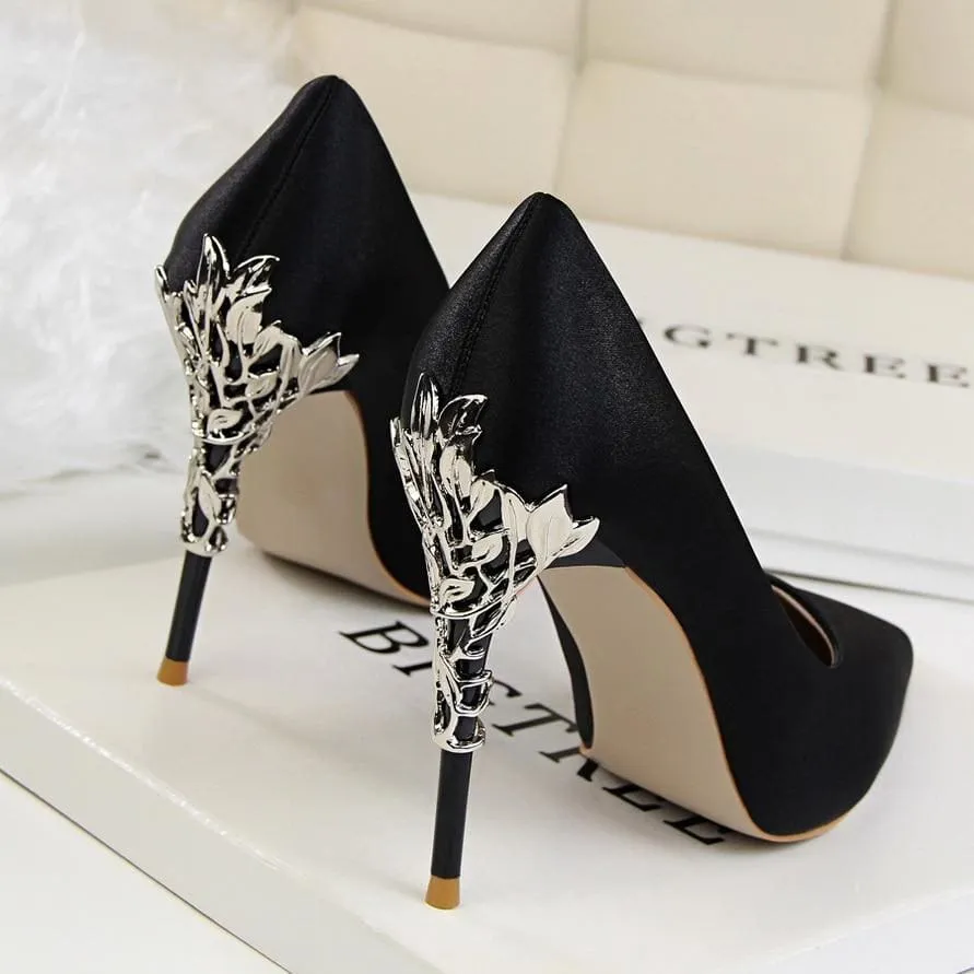 Metal Carved Thin Heel Sexy Pointed Toe Ladies Shoes