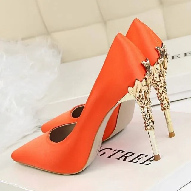 Metal Carved Thin Heel Sexy Pointed Toe Ladies Shoes