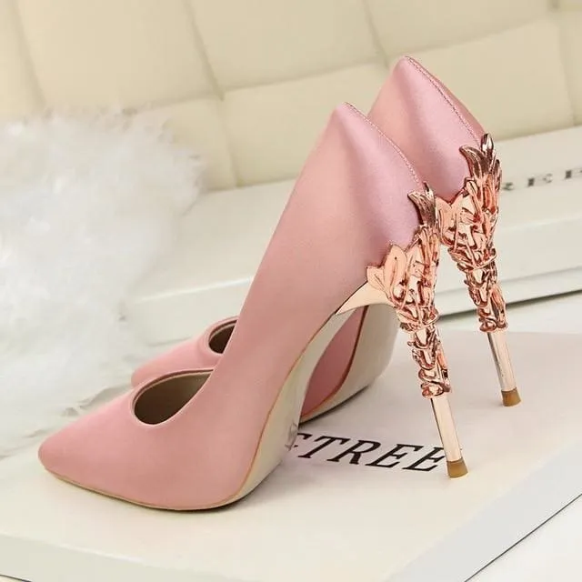 Metal Carved Thin Heel Sexy Pointed Toe Ladies Shoes