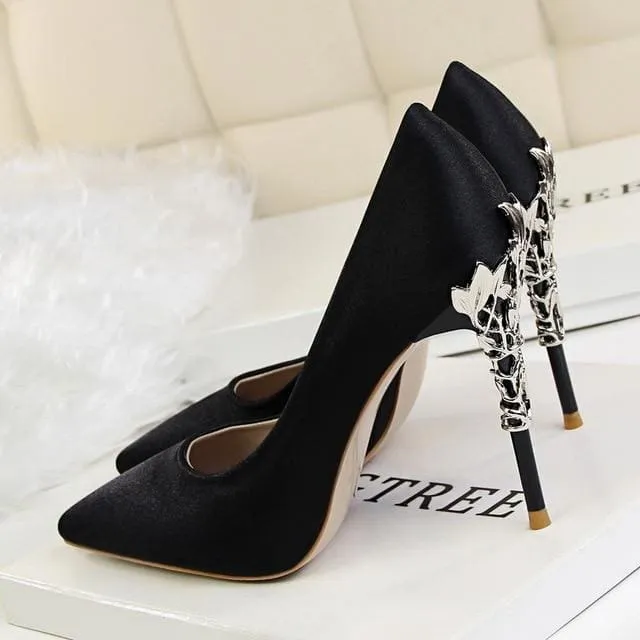 Metal Carved Thin Heel Sexy Pointed Toe Ladies Shoes