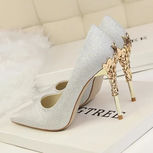 Metal Carved Thin Heel Sexy Pointed Toe Ladies Shoes