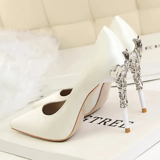 Metal Carved Thin Heel Sexy Pointed Toe Ladies Shoes