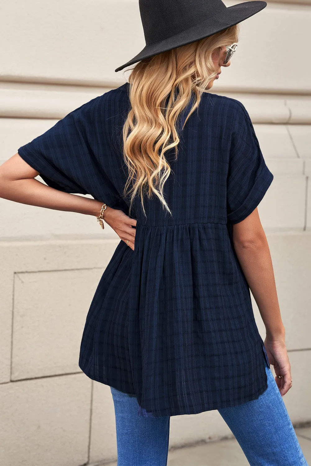 Navy Plaid Print Loose Shirt