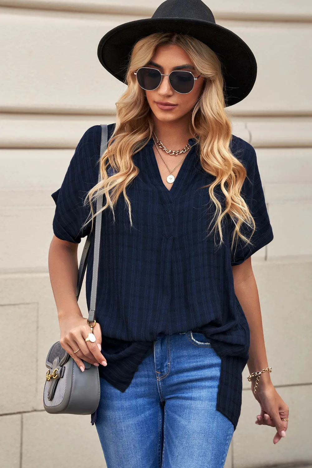 Navy Plaid Print Loose Shirt