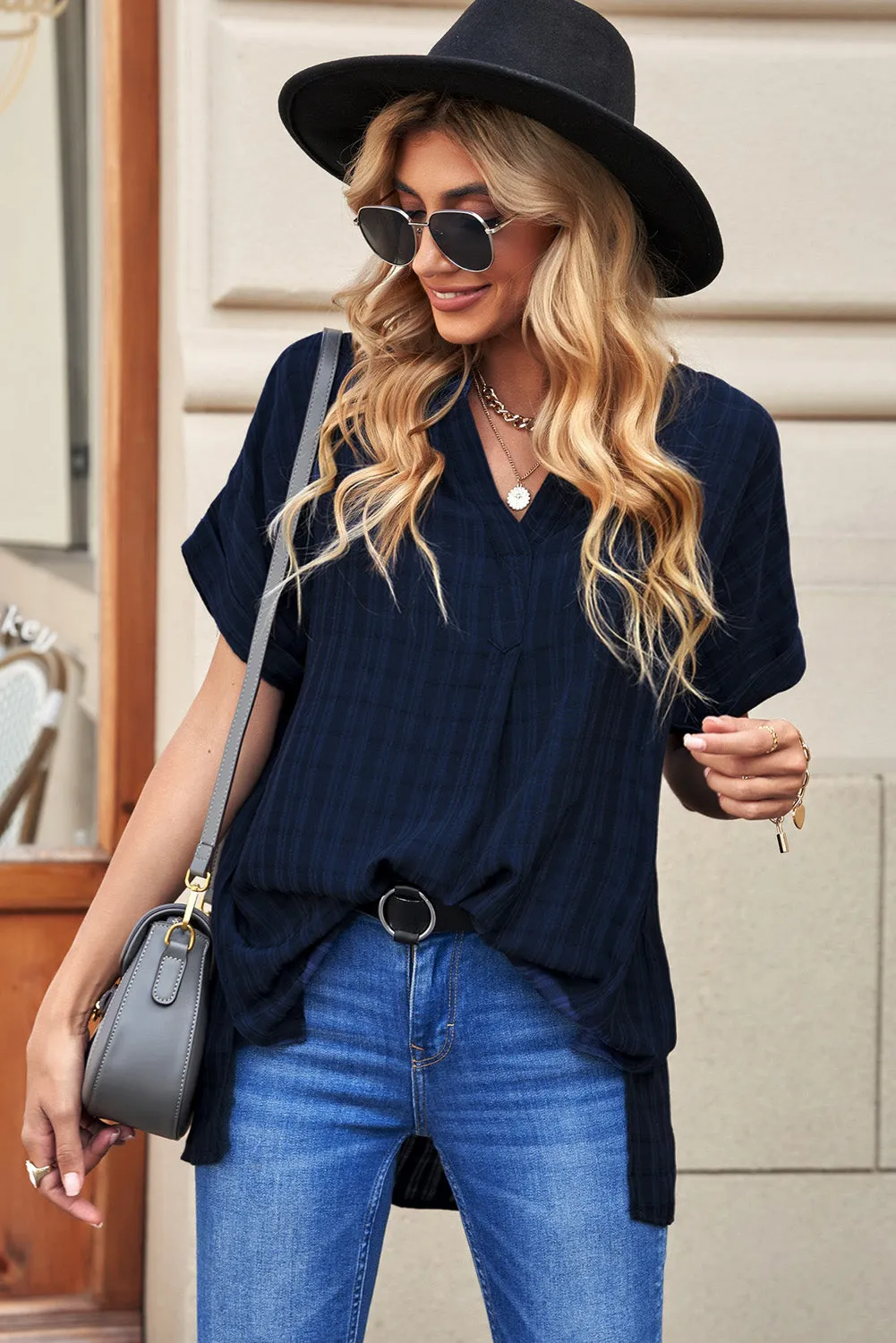 Navy Plaid Print Loose Shirt
