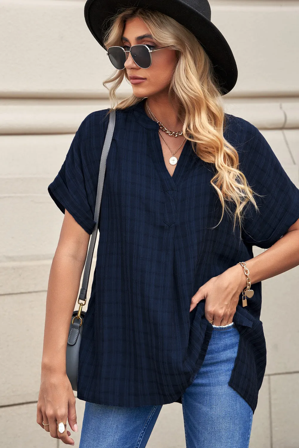 Navy Plaid Print Loose Shirt