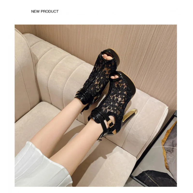 New Arrival Plus Size Sexy Lace Mesh Peep Toe Boots