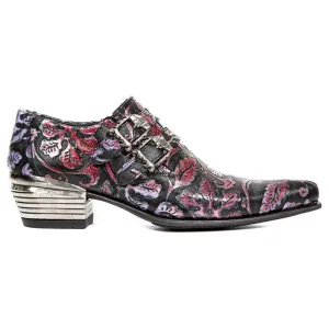 New Rock 7960-s6 Shoe Embossed Vintage Black Red Leather Buckle Steel Heel Shoes