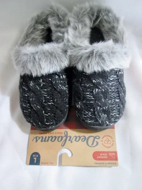 NEW Womens DEARFOAMS Faux Fur Knit Clog Moc Slippers Slides Shoes L 9-10 BLACK GRAY