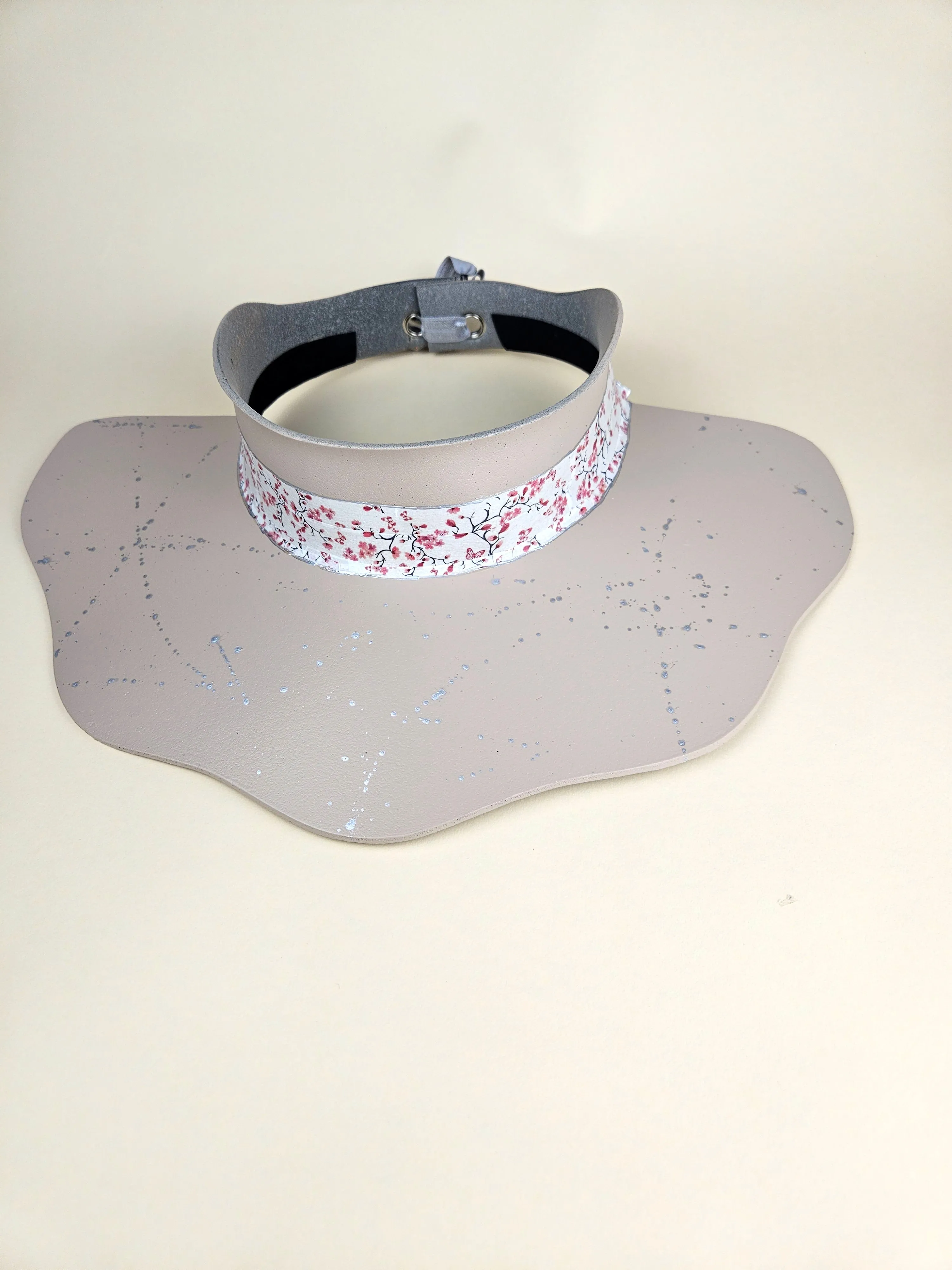 Peach Gray Lotus Visor Hat with Cherry Blossom Floral Band and Silver Paint Splatter Effect