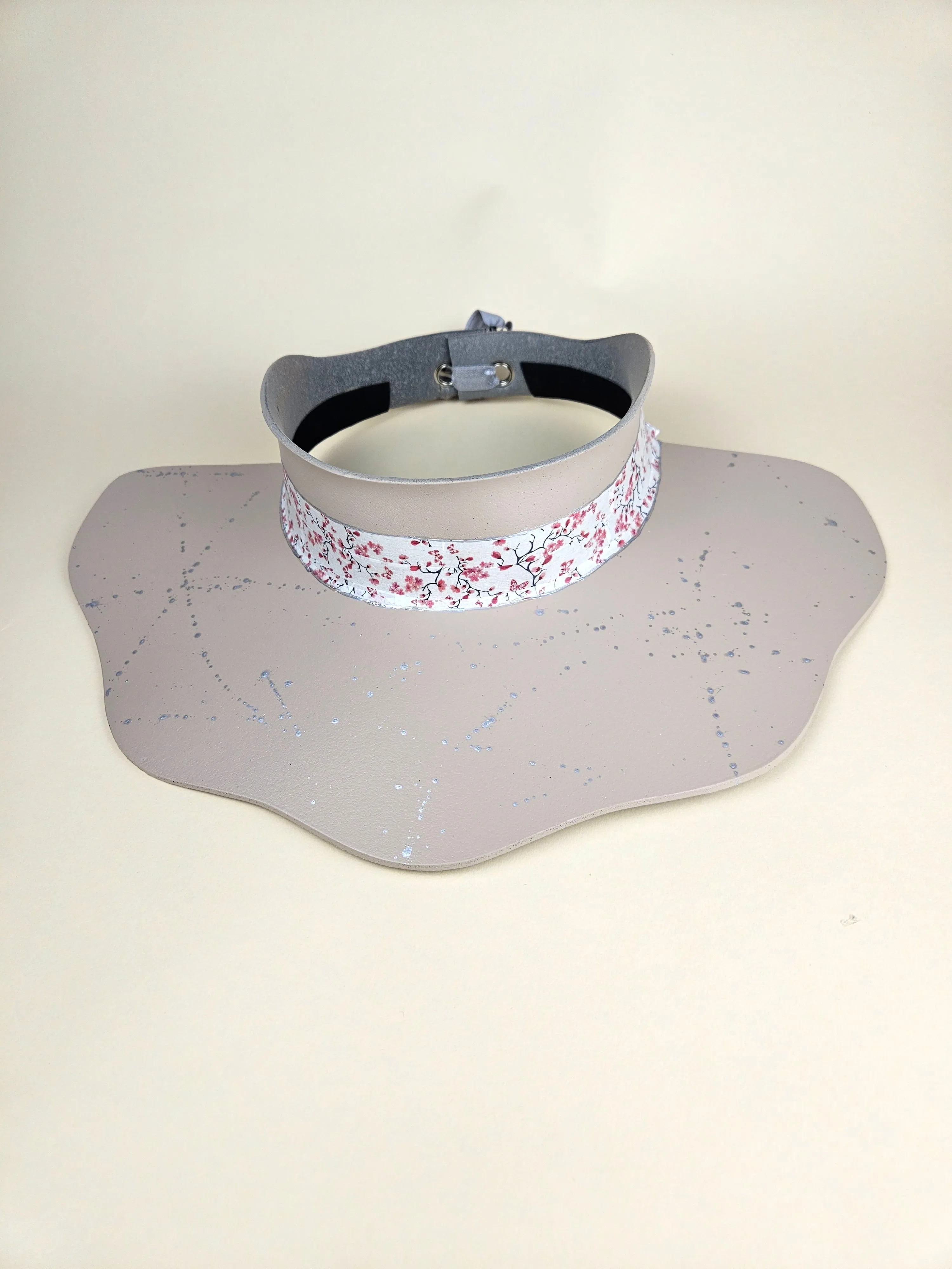 Peach Gray Lotus Visor Hat with Cherry Blossom Floral Band and Silver Paint Splatter Effect