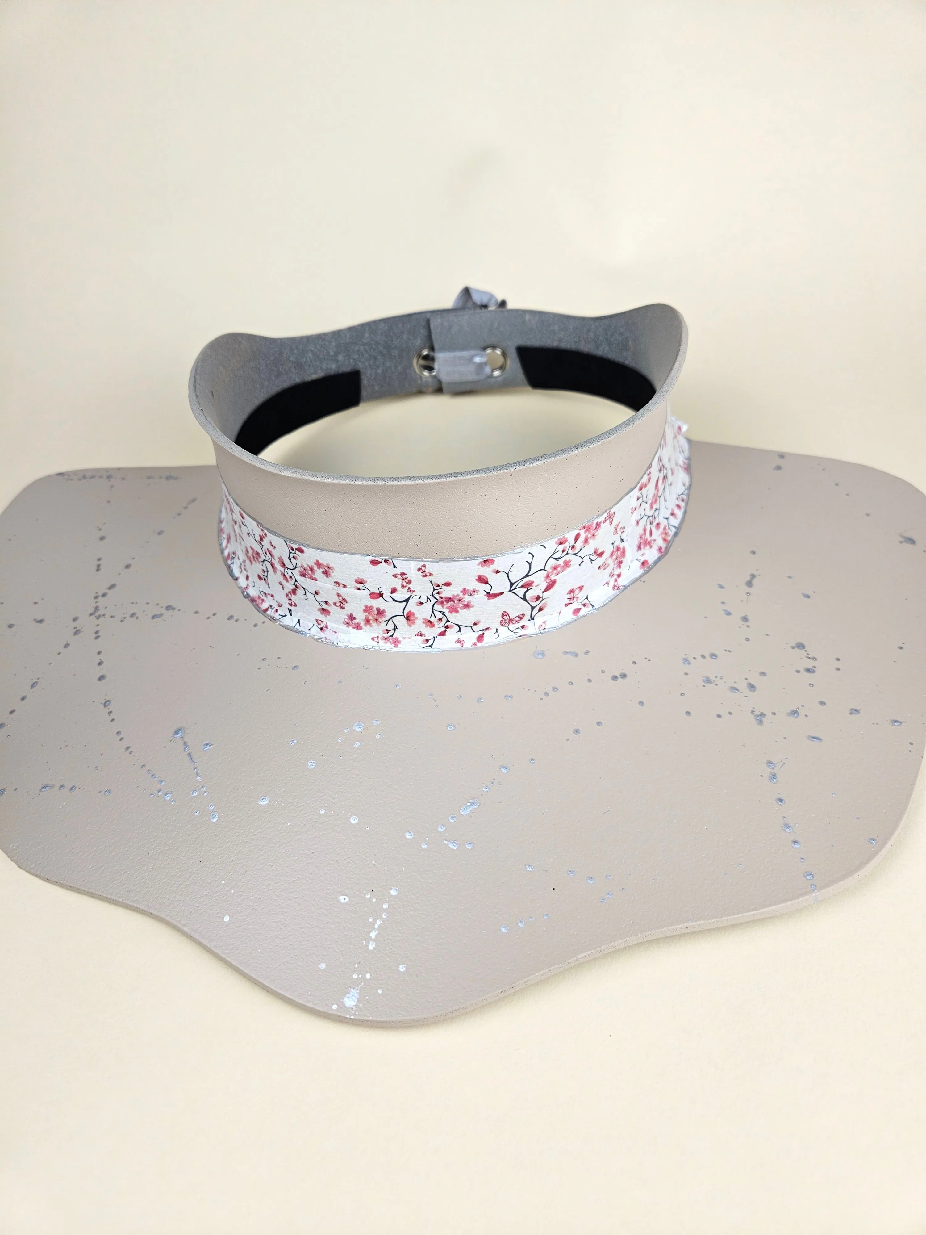 Peach Gray Lotus Visor Hat with Cherry Blossom Floral Band and Silver Paint Splatter Effect