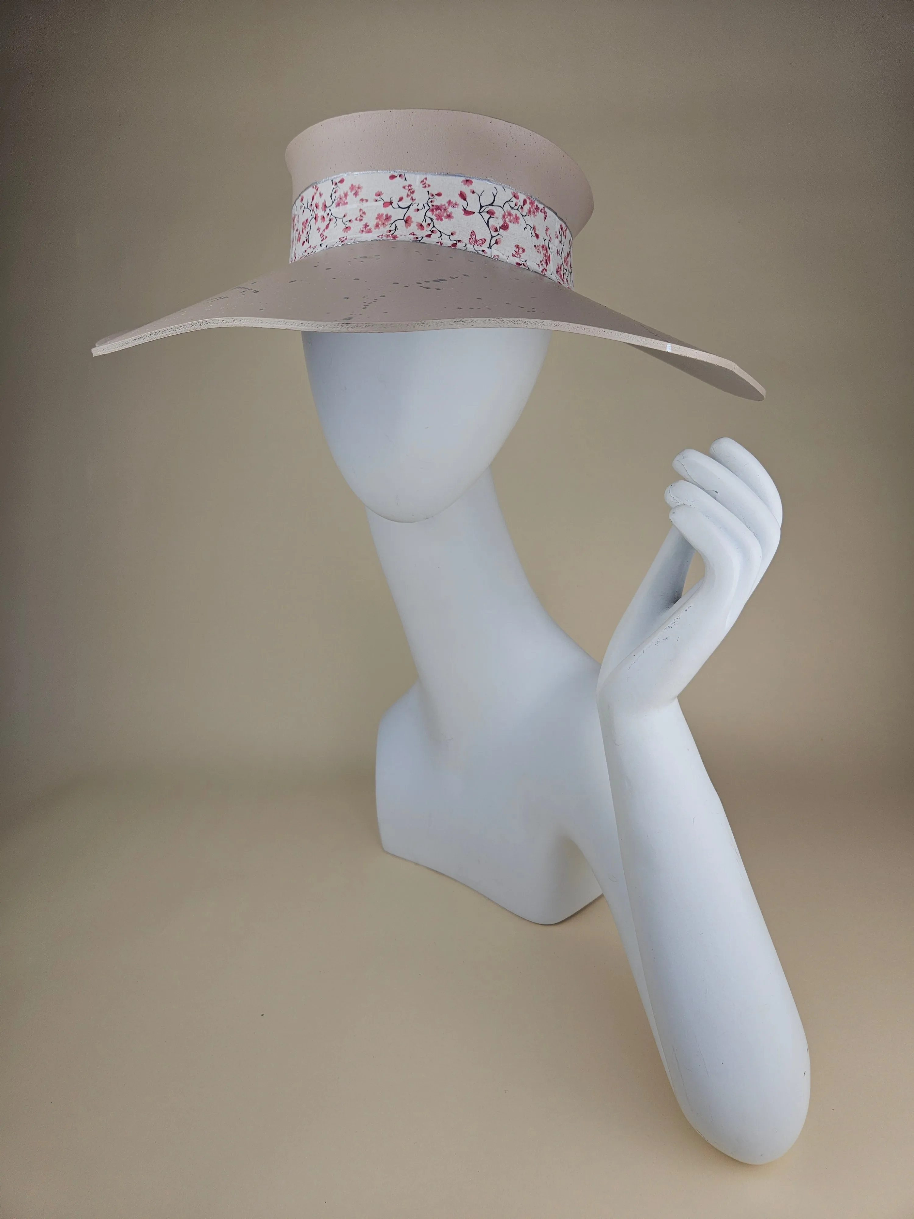 Peach Gray Lotus Visor Hat with Cherry Blossom Floral Band and Silver Paint Splatter Effect