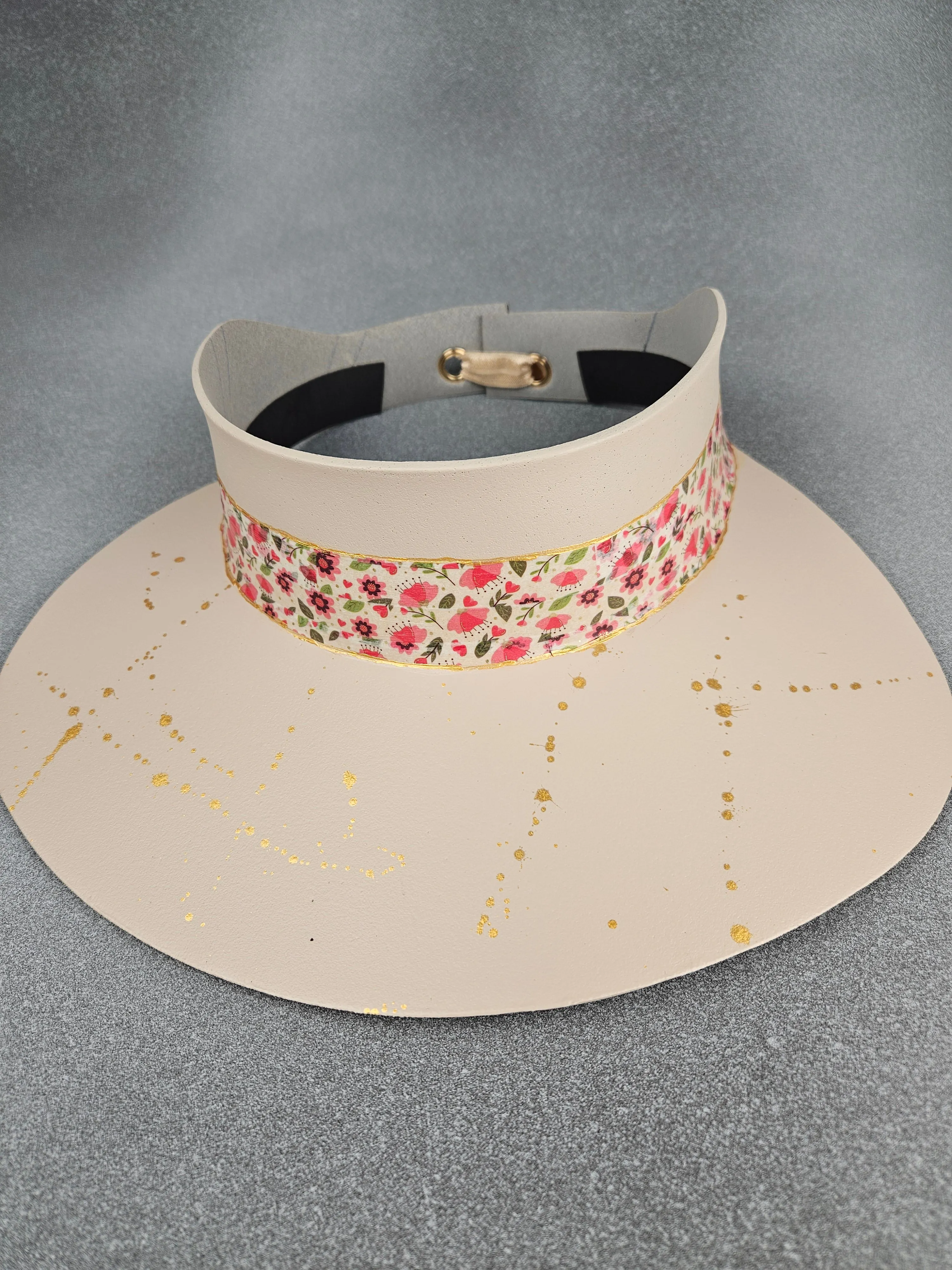 Peachy Beige "LadyEVA" Hat with Bright Watermelon Pink Floral Band and Golden Paint Splatter Effect