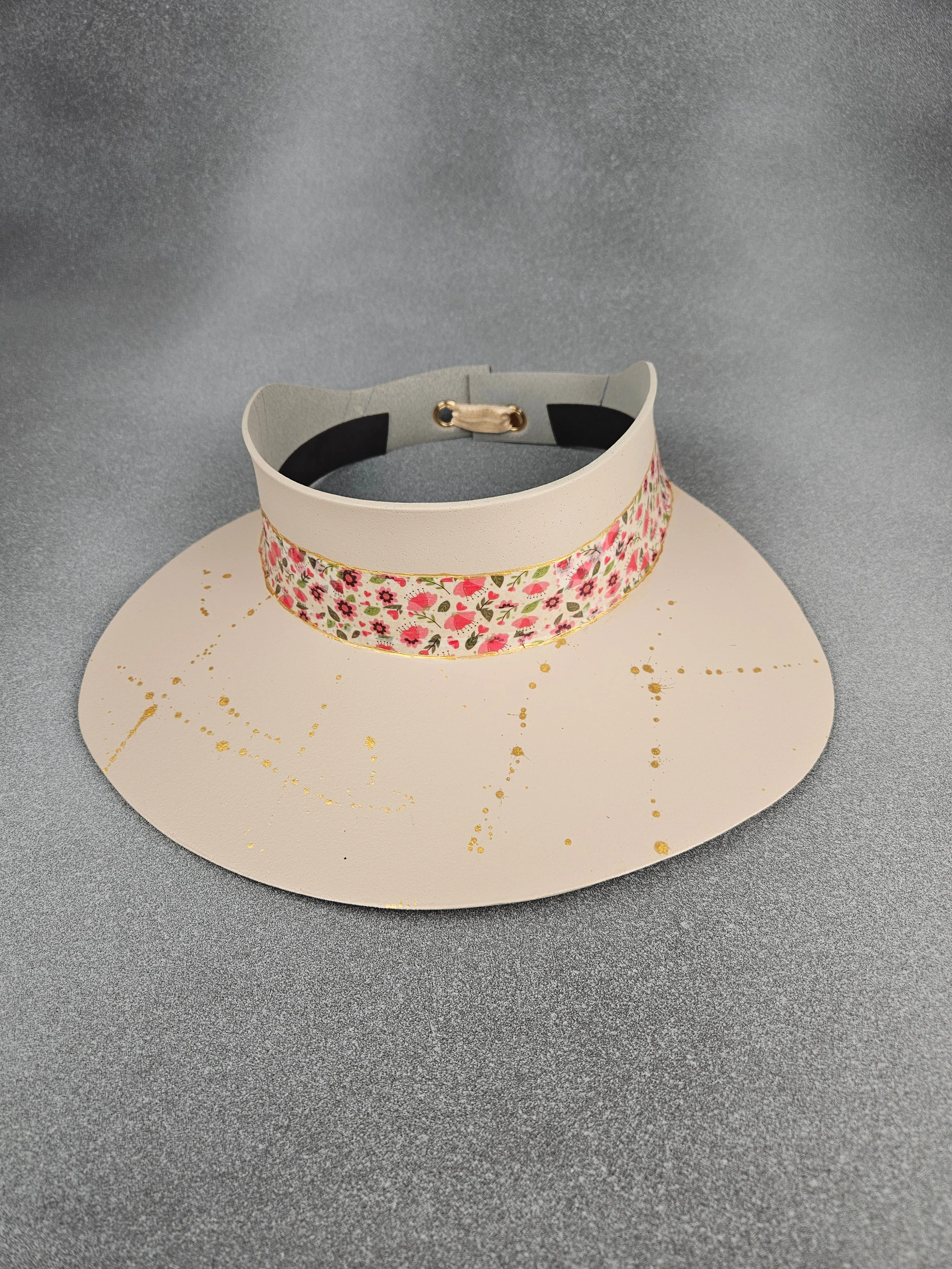 Peachy Beige "LadyEVA" Hat with Bright Watermelon Pink Floral Band and Golden Paint Splatter Effect