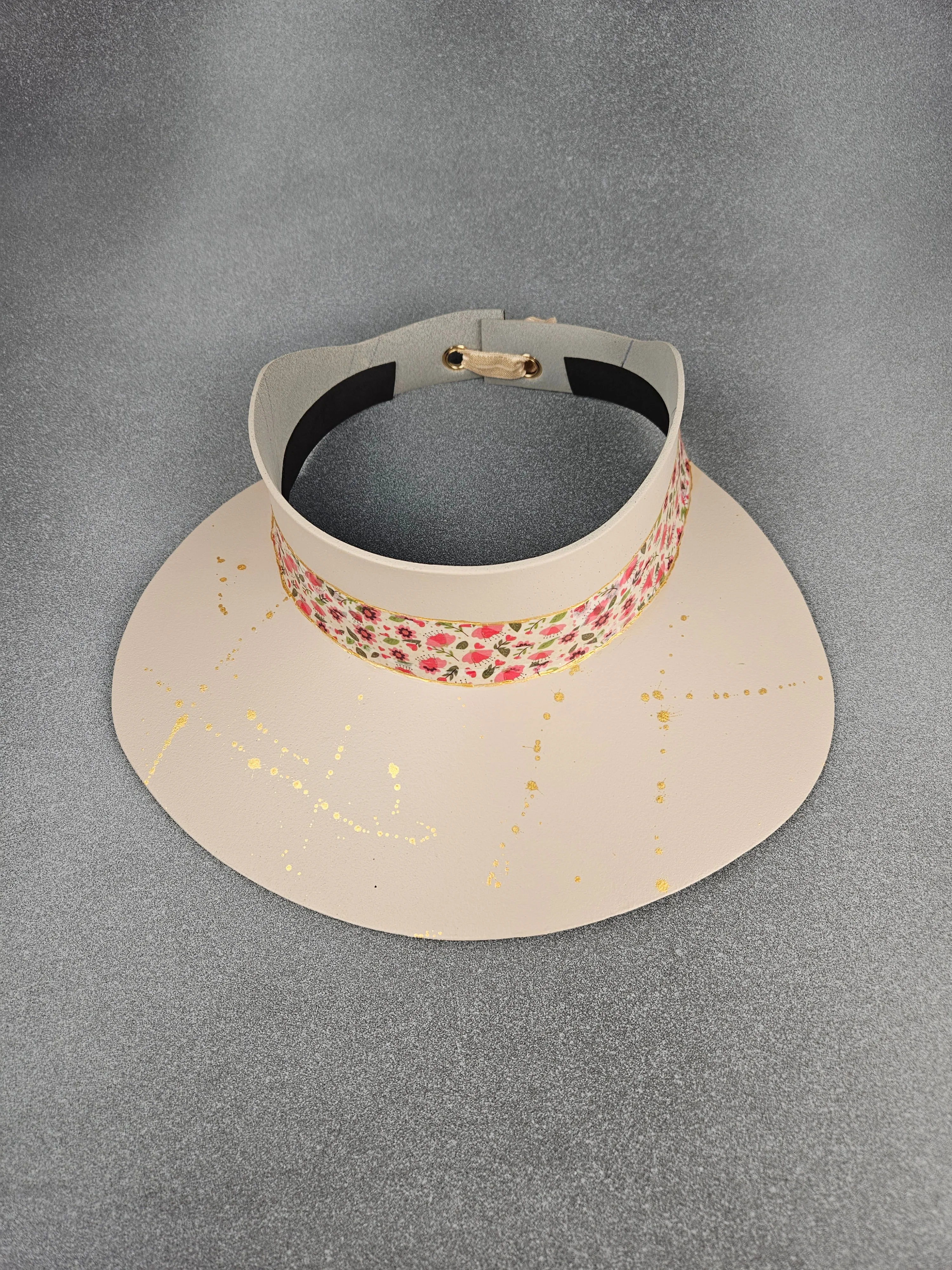 Peachy Beige "LadyEVA" Hat with Bright Watermelon Pink Floral Band and Golden Paint Splatter Effect