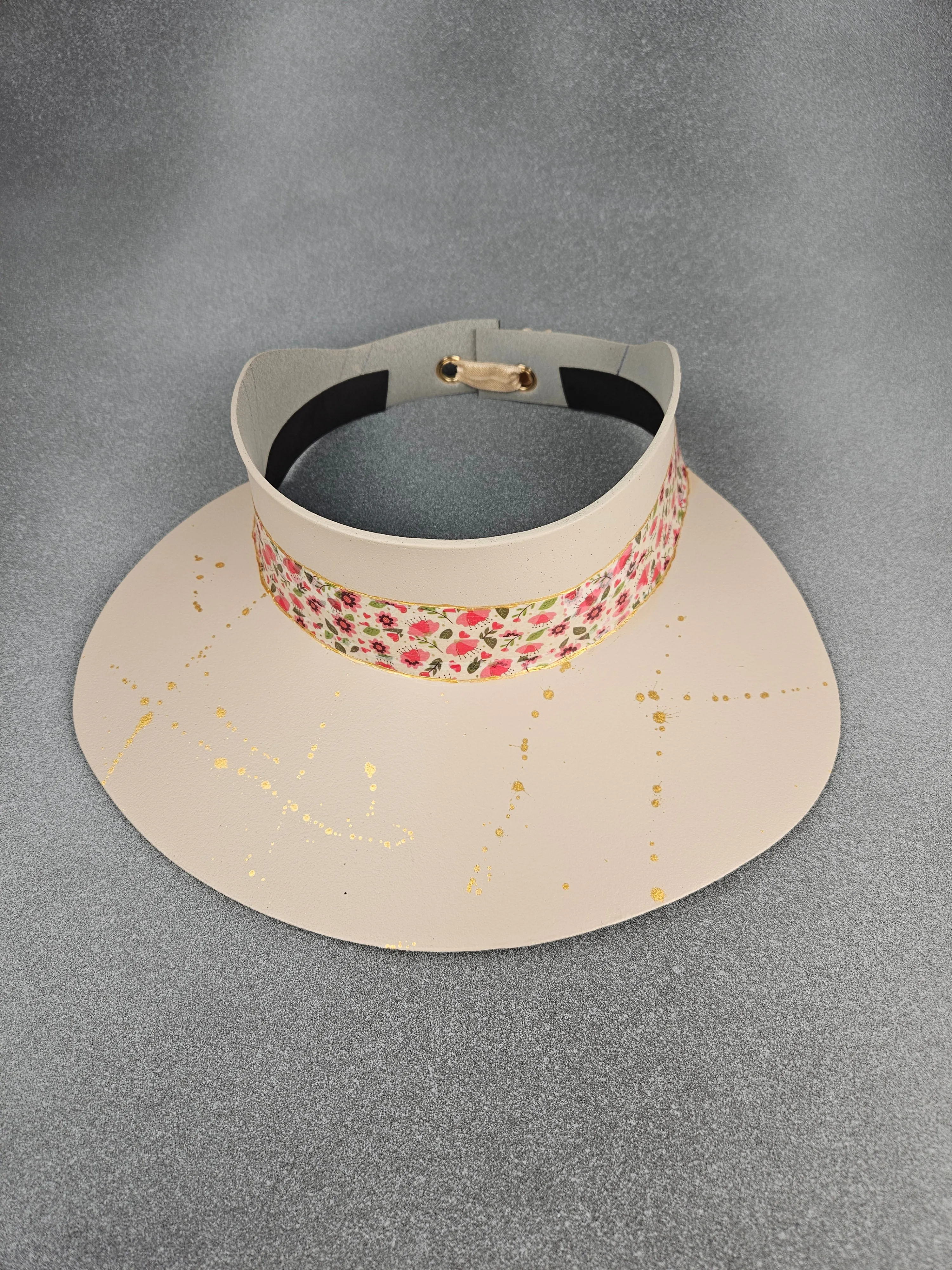 Peachy Beige "LadyEVA" Hat with Bright Watermelon Pink Floral Band and Golden Paint Splatter Effect
