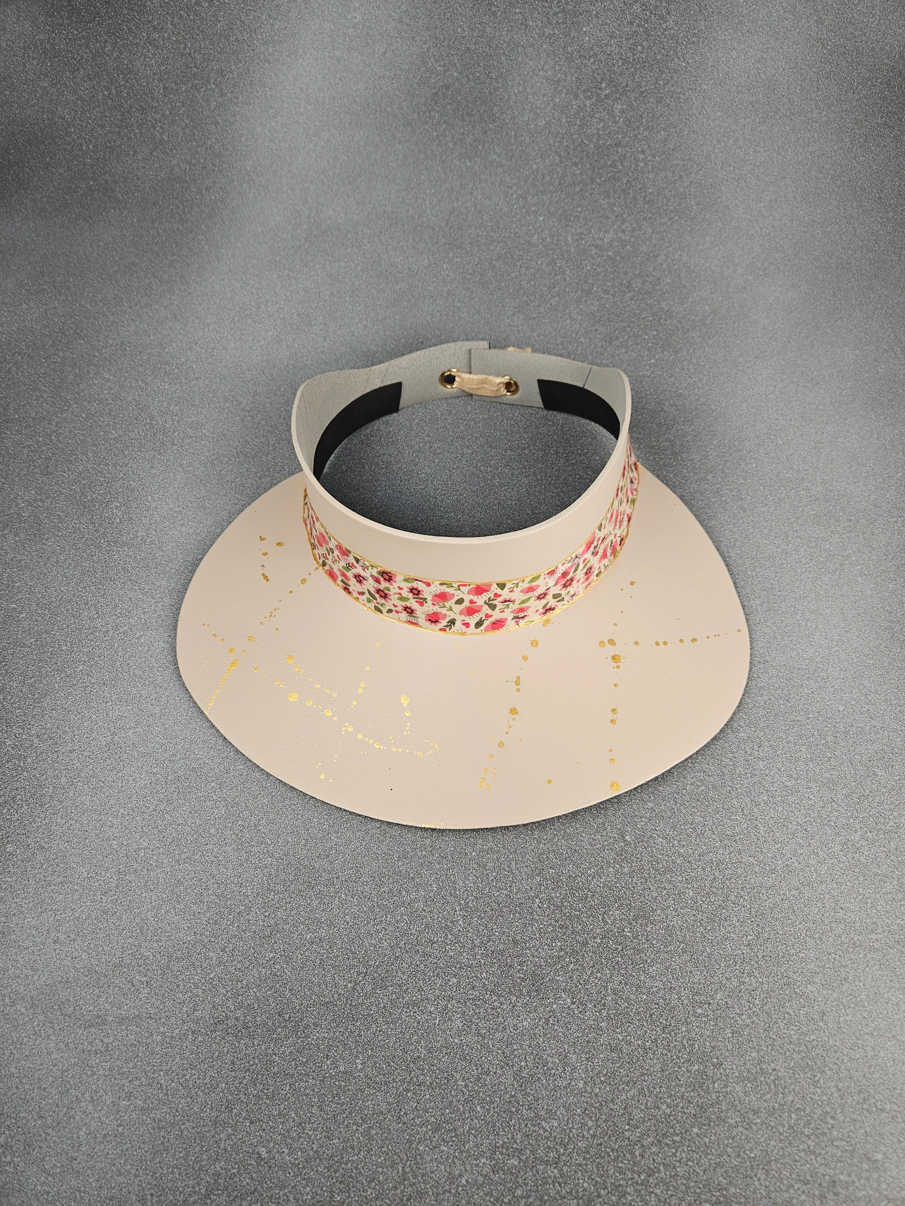 Peachy Beige "LadyEVA" Hat with Bright Watermelon Pink Floral Band and Golden Paint Splatter Effect