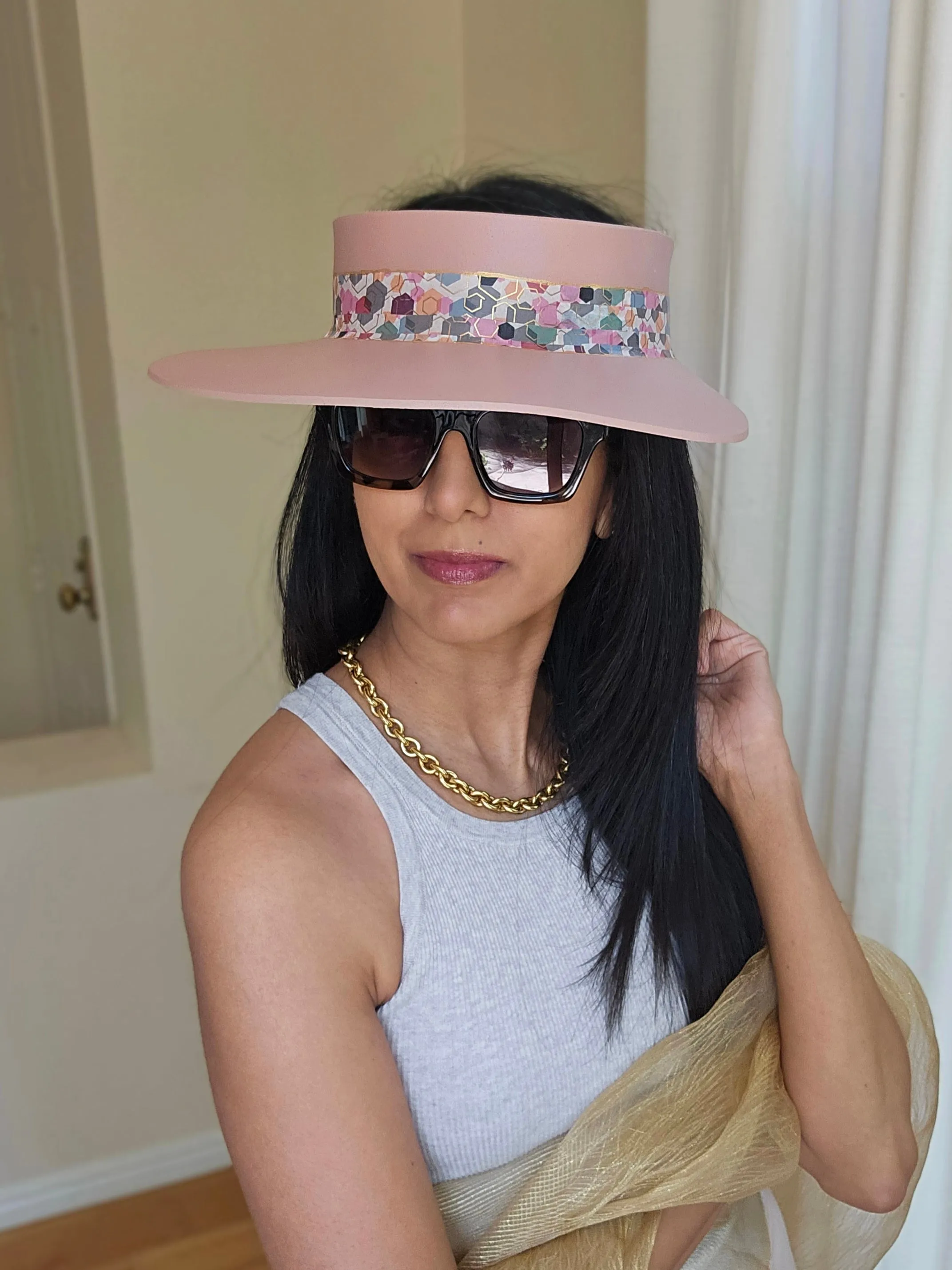 Peachy Pink "LadyEVA" Visor Hat with Colorful Geometric Band