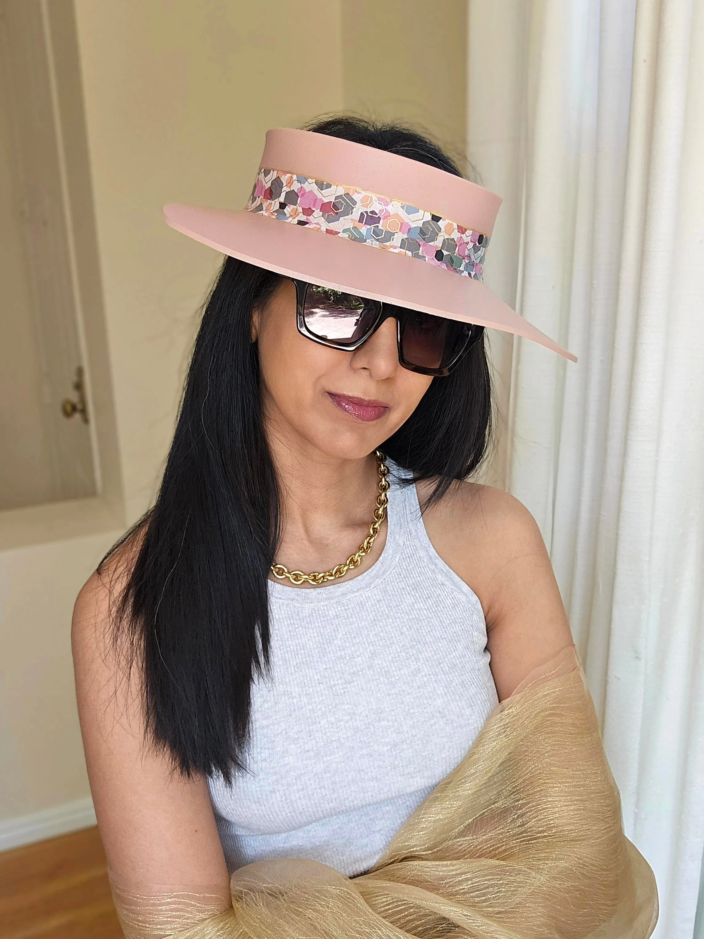 Peachy Pink "LadyEVA" Visor Hat with Colorful Geometric Band