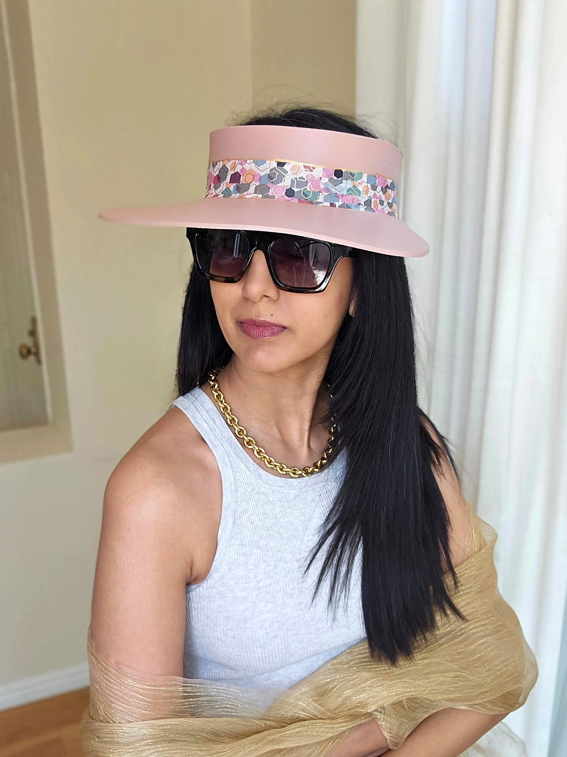 Peachy Pink "LadyEVA" Visor Hat with Colorful Geometric Band