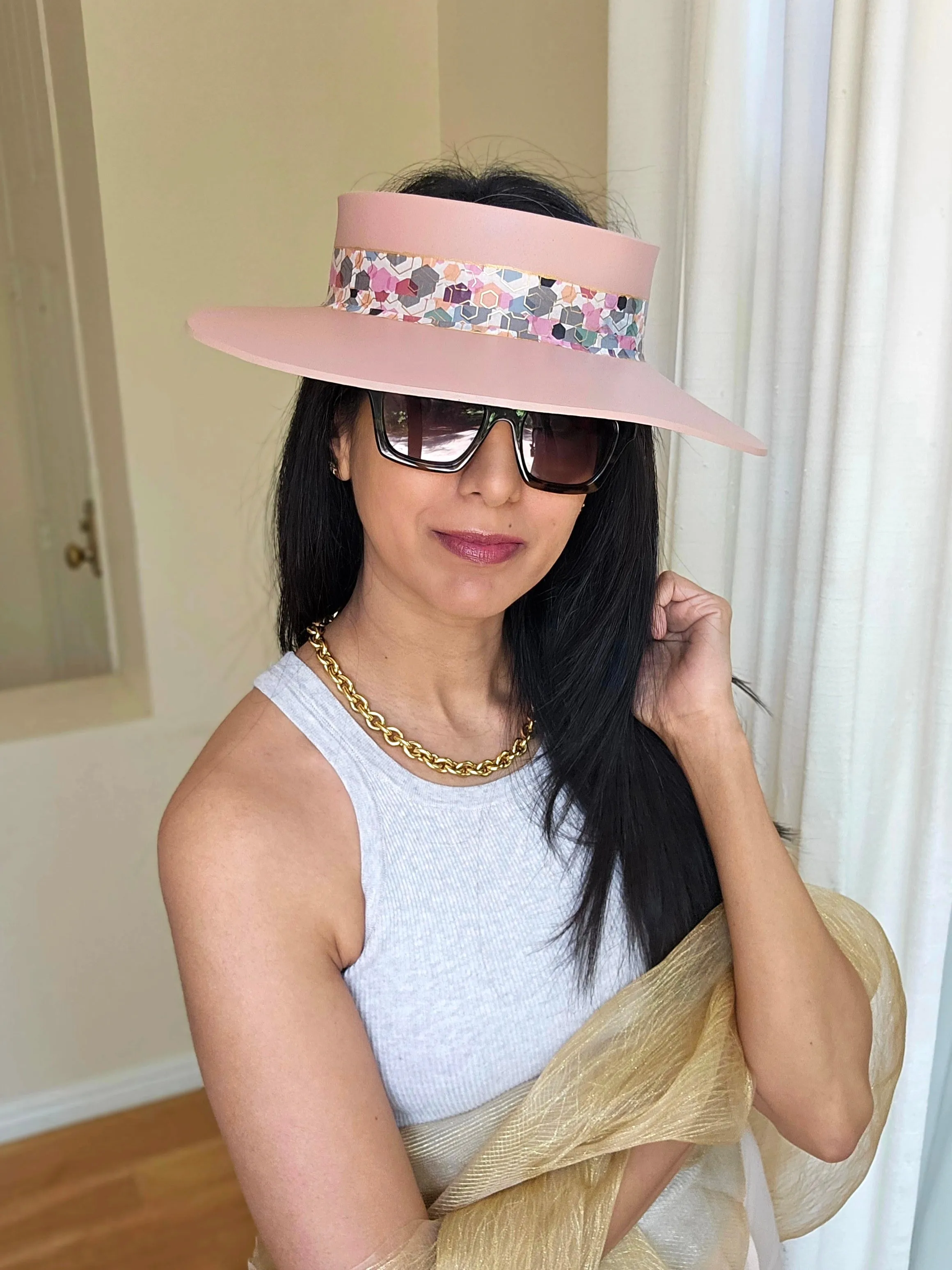 Peachy Pink "LadyEVA" Visor Hat with Colorful Geometric Band