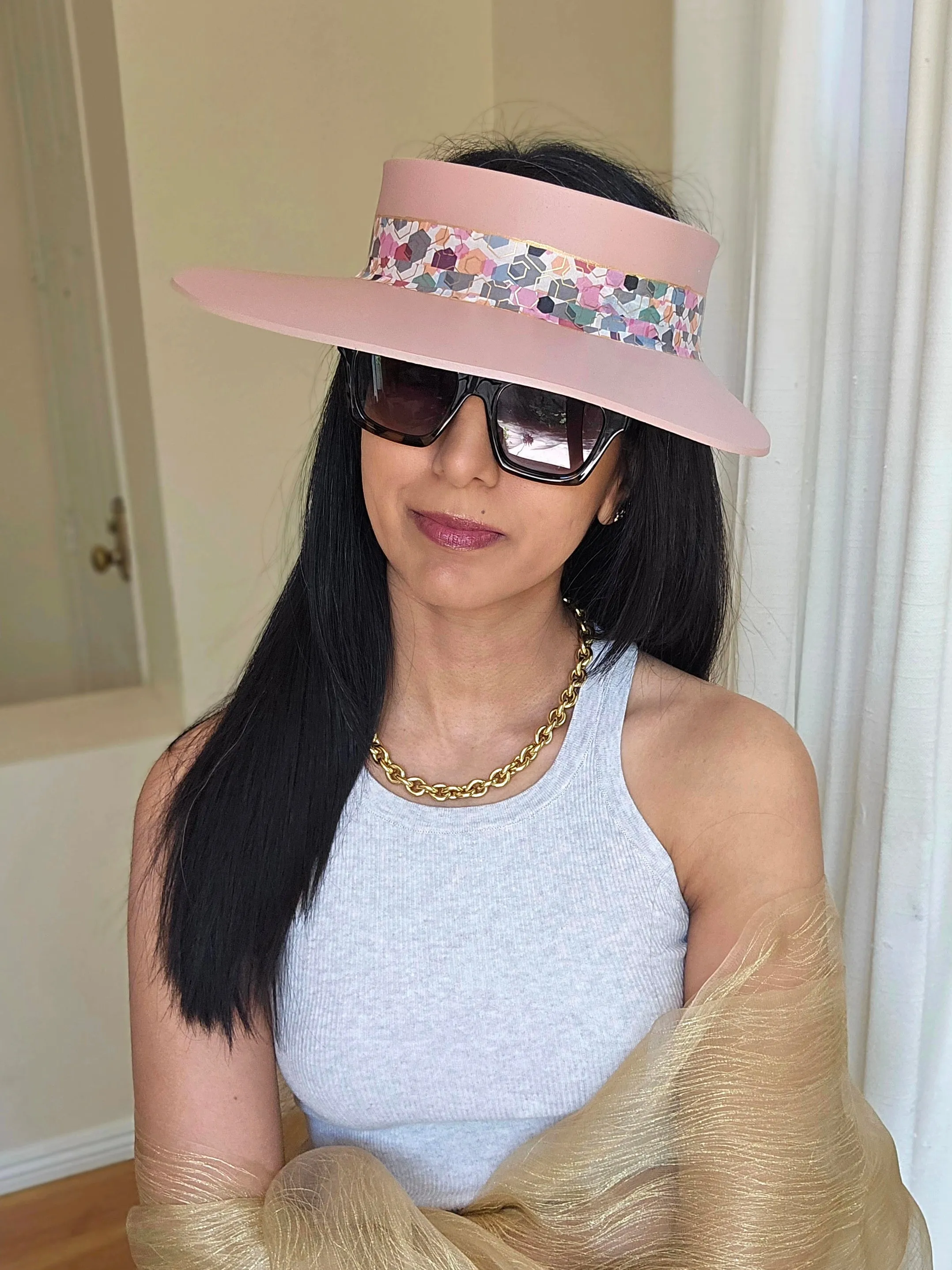 Peachy Pink "LadyEVA" Visor Hat with Colorful Geometric Band