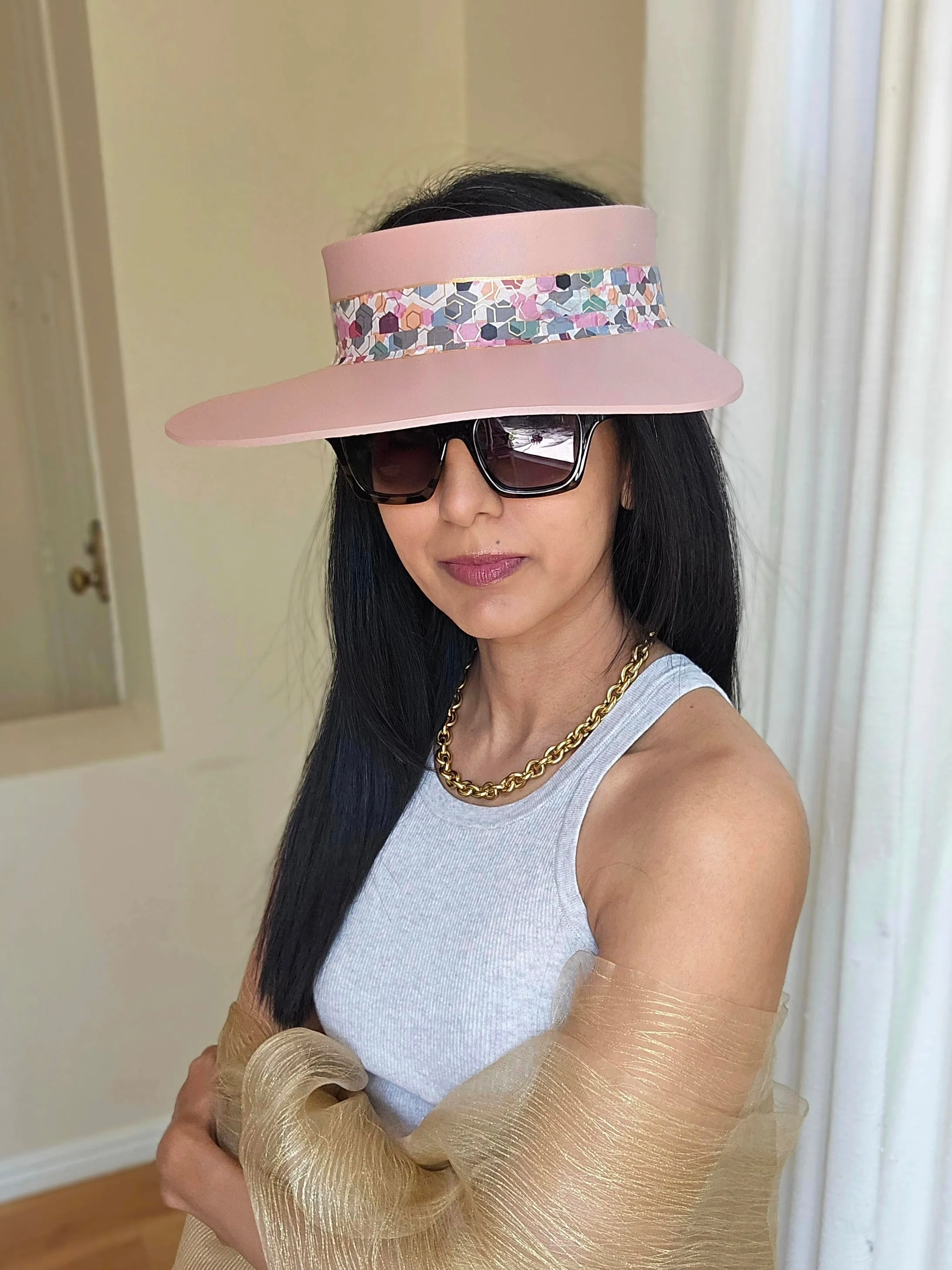 Peachy Pink "LadyEVA" Visor Hat with Colorful Geometric Band