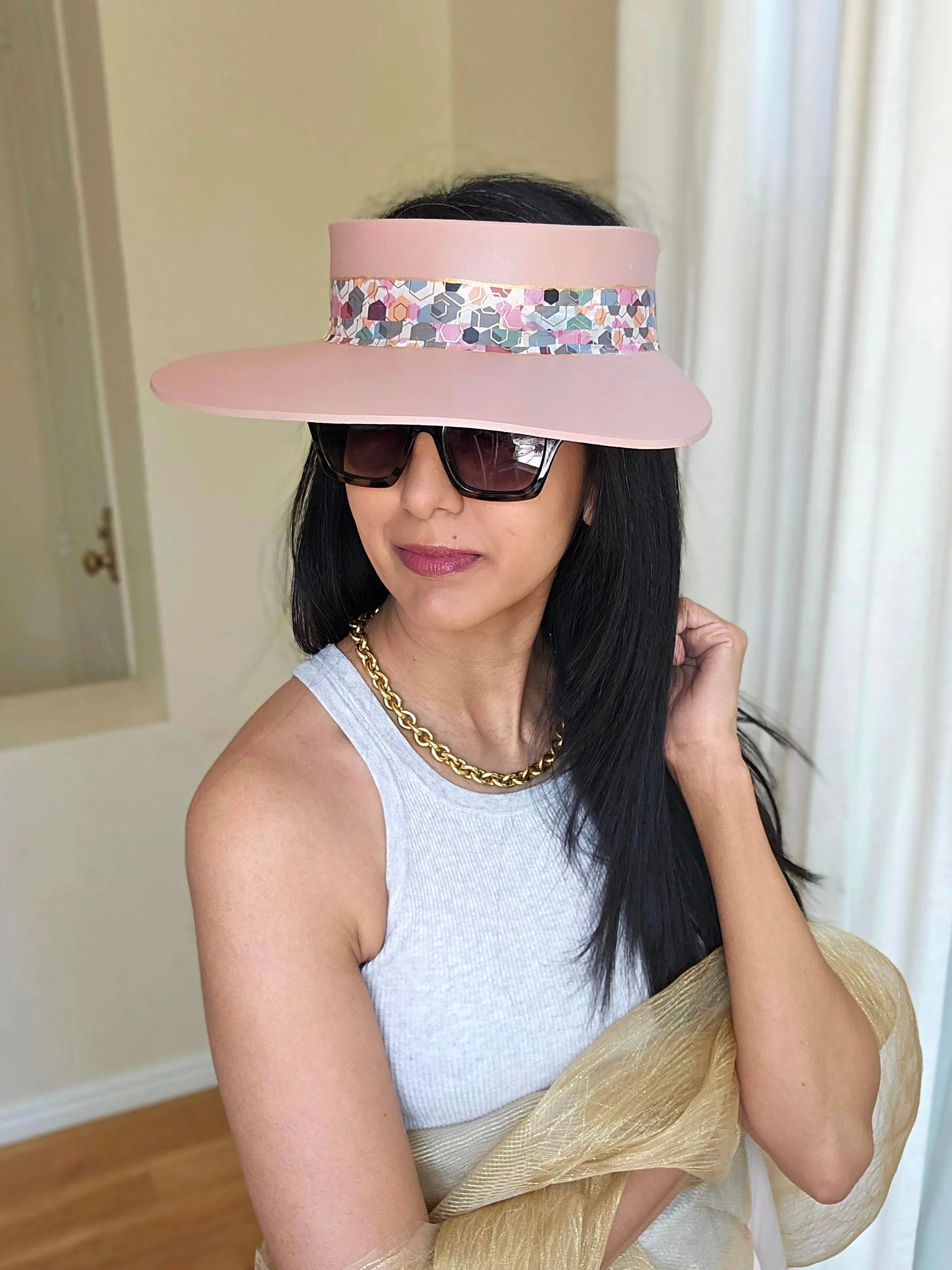 Peachy Pink "LadyEVA" Visor Hat with Colorful Geometric Band