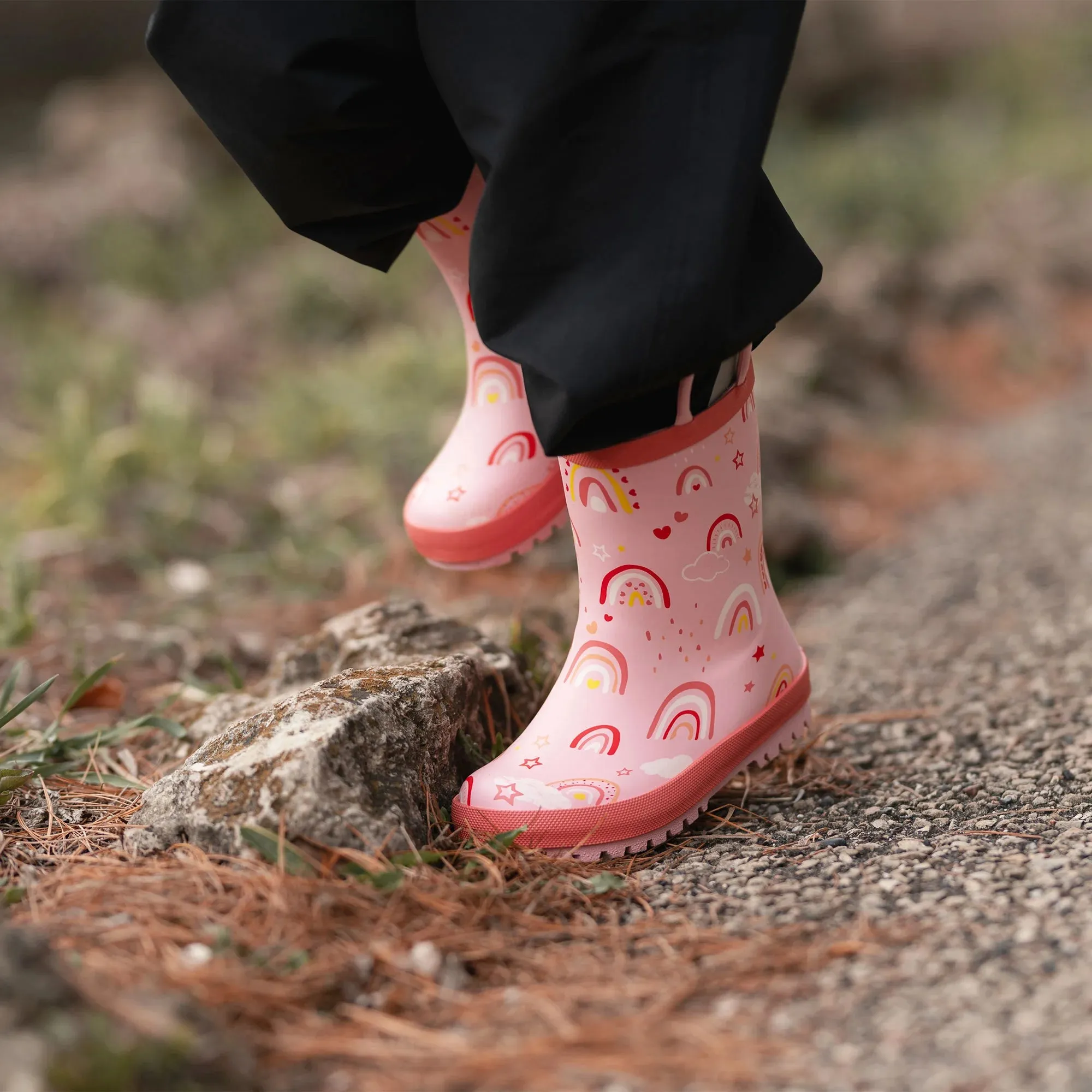Pink Rainbows Natural Rubber Toddler/Kids Rain Boots