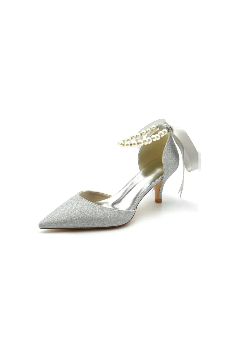 Pointed Toe Glitter Crystal Ribbons Faux Pearl Pumps