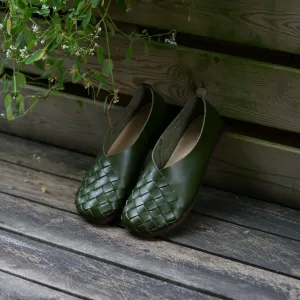 Retro Woven Soft Leather Flats For Women Round Toe In Beige/Black/Green/Coffee