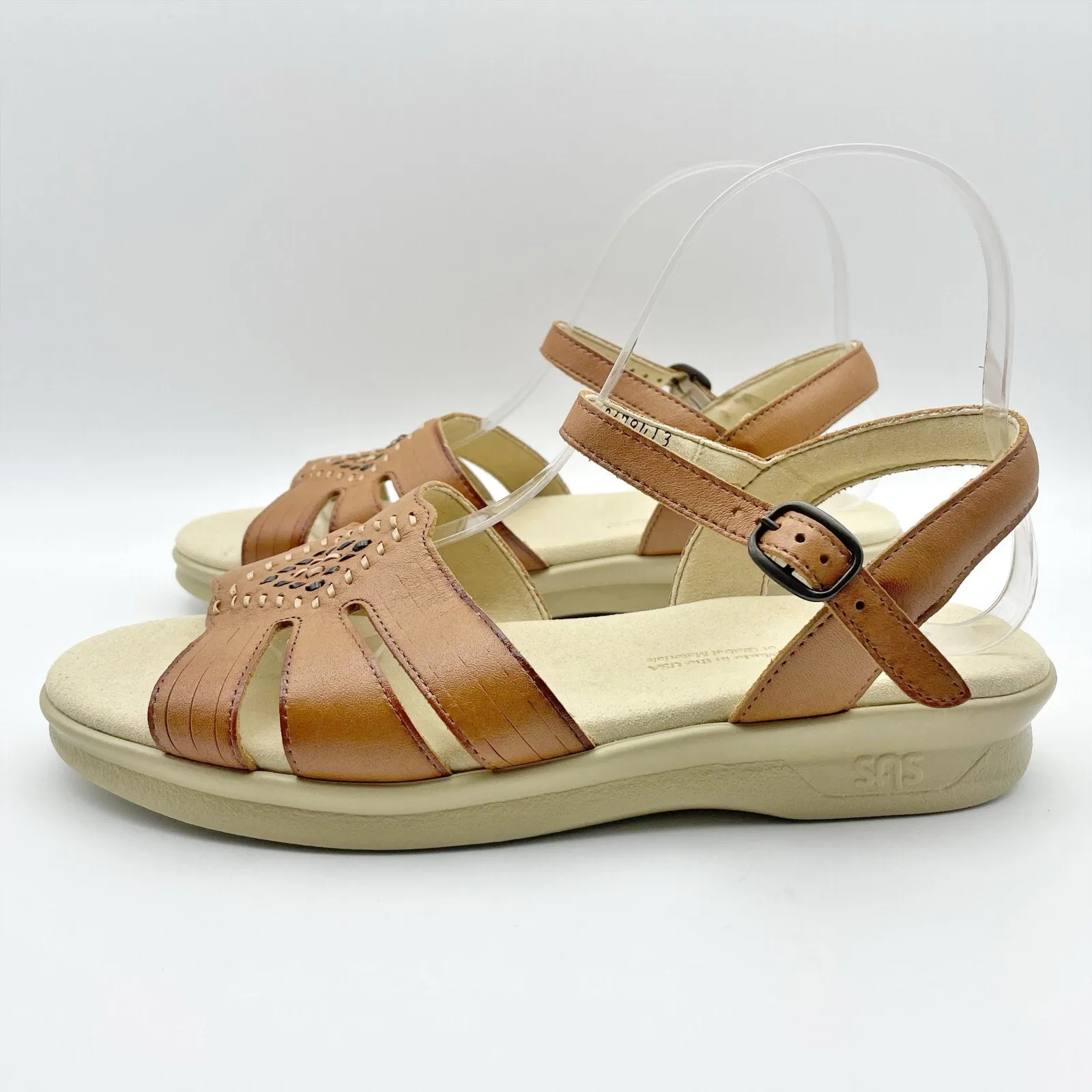 SAS Huarache Adjustable Strap Sandal US 6.5 WW EU 37-38 Tan Leather Flats
