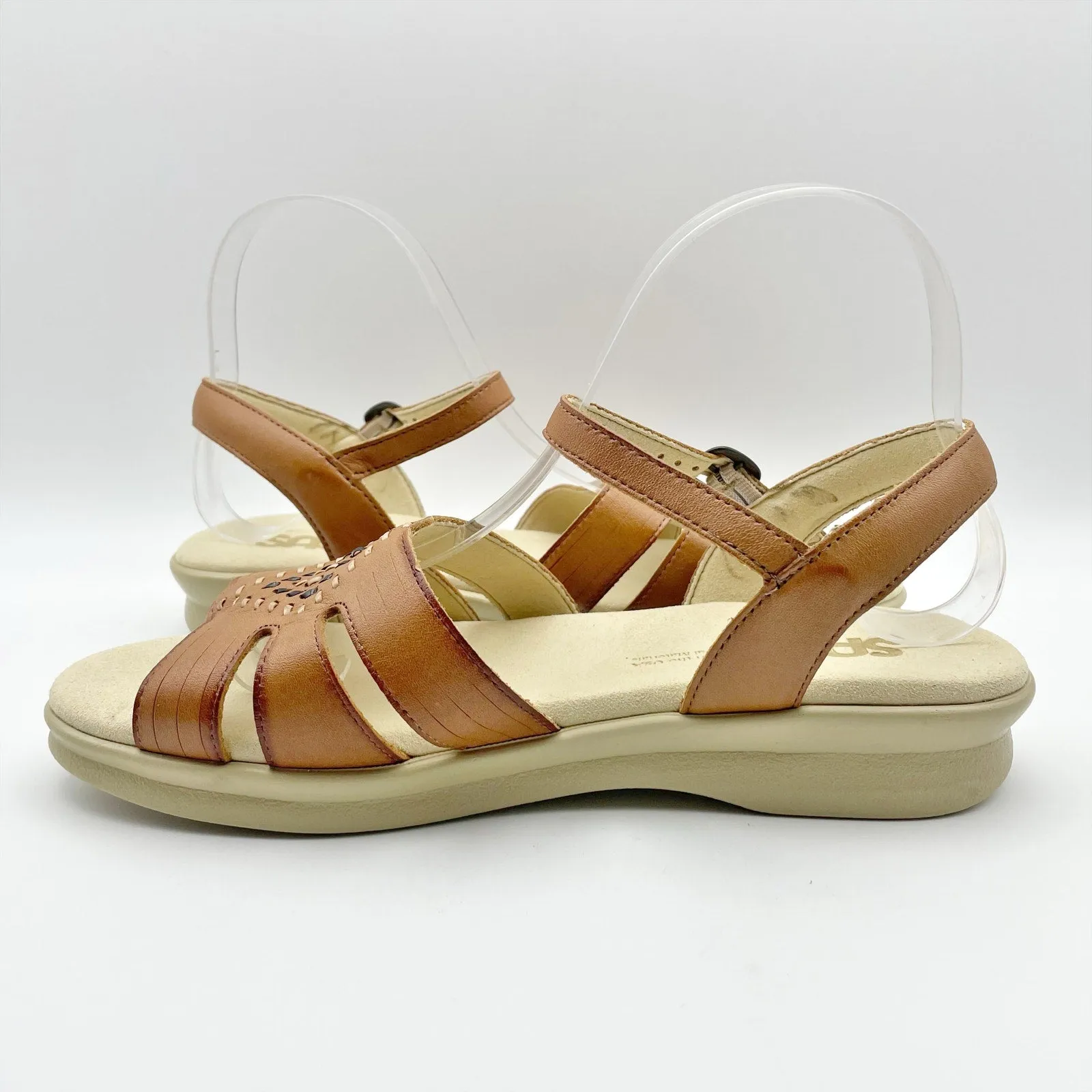 SAS Huarache Adjustable Strap Sandal US 6.5 WW EU 37-38 Tan Leather Flats
