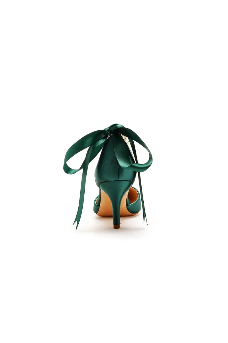 Satin Pearl Ribbon Tie Pointed Toe Ankle Strap High Heels